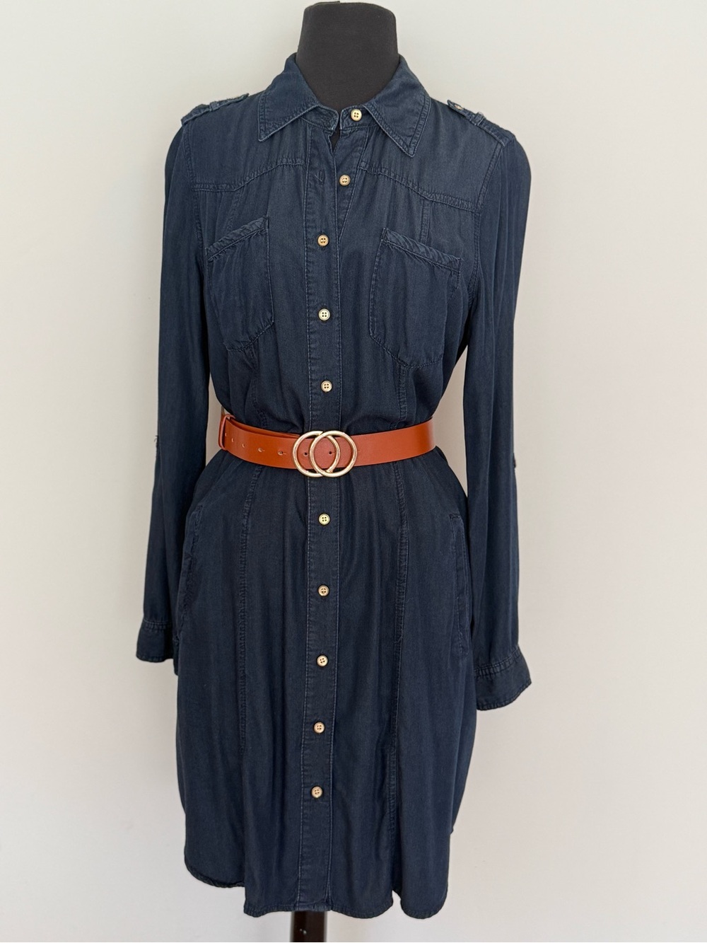 INC International Concepts Denim Button-Front Belted Shirtdress Dark Wash